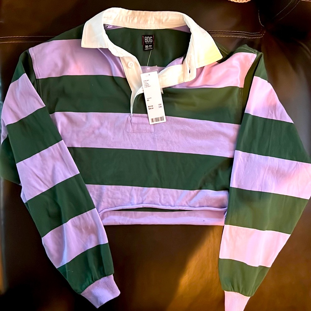 Woman’s XS cropped purple and green striped polo